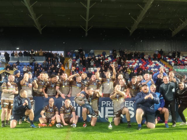 Hunslet ARLFC celebrate their 14-0 win against West Hull in the National League Premier Division Grand Final at Wakefield Trinity's DIY Kitchens Stadium, Belle Vue.