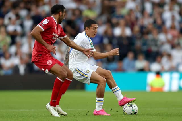 INJURY ANSWER? Leeds United's Ian Poveda, right, in the need to replace Crysencio Summerville. Photo by Nigel French/PA Wire.
