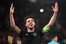 PRESSURE LIFTED: For West Ham United and captain Declan Rice, above, pictured after Thursday night's Europa Conference League victory at AZ Alkmaar. 
Photo by Dean Mouhtaropoulos/Getty Images.