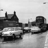 Early morning congestion on Hunslet Road at the junction with Waterloo Road in  October 1968.