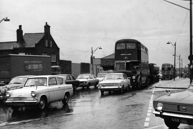 Early morning congestion on Hunslet Road at the junction with Waterloo Road in  October 1968.