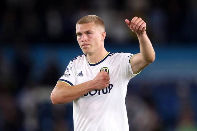 CRUCIAL INTERVENTION: From Leeds United's Danish international right back Rasmus Kristensen, above, pictured with a Leeds salute after Tuesday night's 1-1 draw against Everton at Elland Road. Photo by George Wood/Getty Images.
