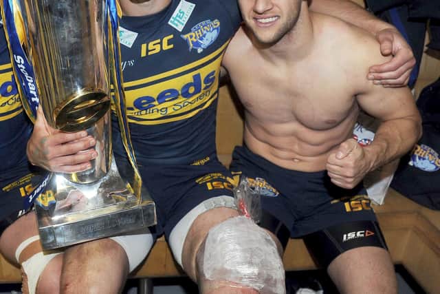 Kevin Sinfield and Rob Burrow after Leeds' win in the 2012 Super League Grand Final. Picture by Steve Riding.