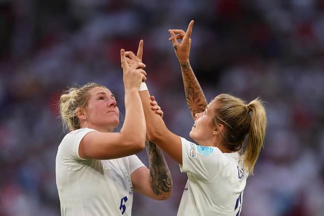 LONDON, ENGLAND - JULY 31: Millie Bright celebrates with Rachel Daly of England after the final whistle of the UEFA Women's Euro 2022 final match between England and Germany at Wembley Stadium on July 31, 2022 in London, England. (Photo by Harriet Lander/Getty Images)