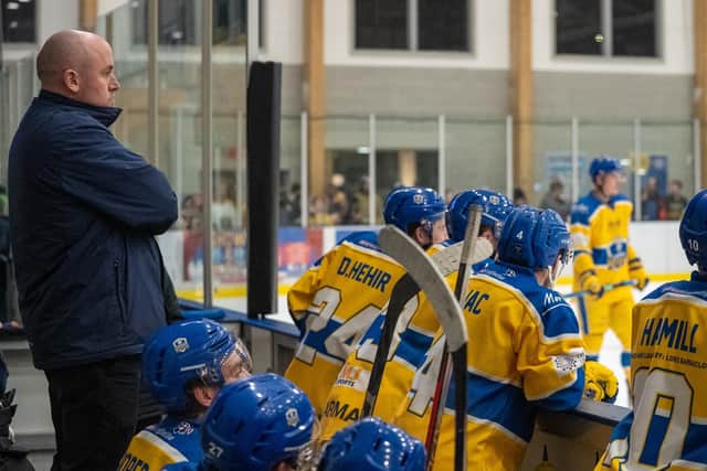 PERFORMANCE-RELATED SAY: Leeds Knights' head coach, Ryan Aldridge, pictured on the bench during Sunday's 7-1 win over Bristol Pitbulls. Picture courtesy of Oliver Portamento