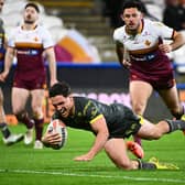 Brodie Croft seen scoring one of his four tries during Leeds Rhinos' big win at Huddersfield Giants a month ago. Picture by Olly Hassell/SWpix.com.