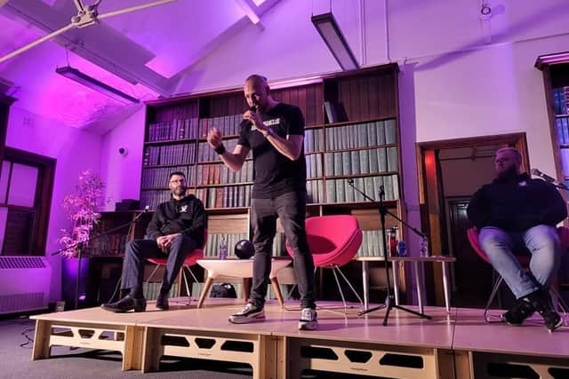 Paul Wilkes, centre, at an event held at Leeds Central Library called Sound it Out about music and mental health. Photo: Leeds Libraries