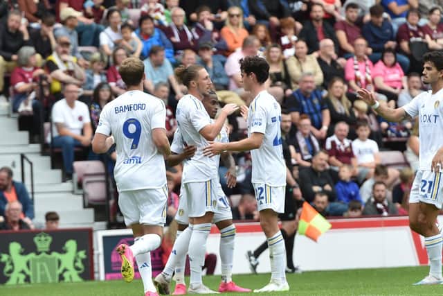 WINNER: Luke Ayling and Leeds United celebrate the only goal of the game at Hearts.