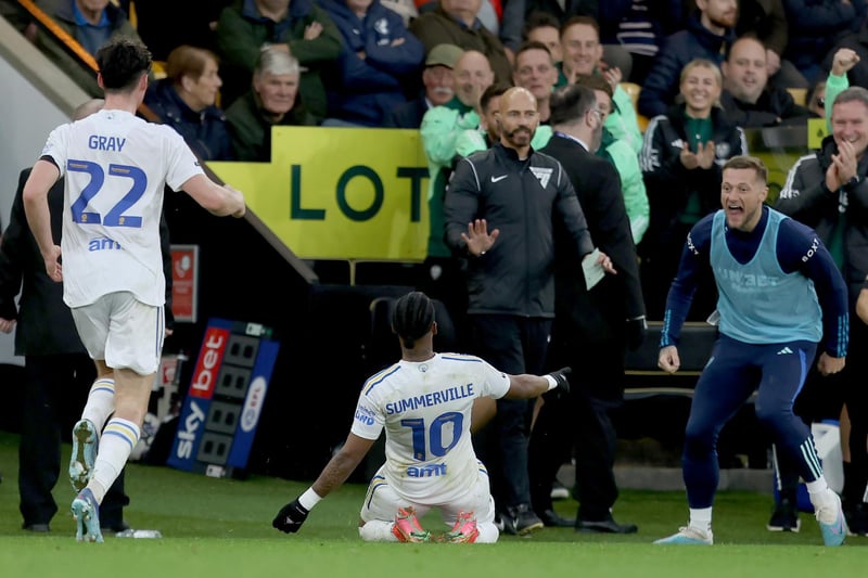 Summerville knee-slides in front of club captain Liam Cooper who can't contain his excitement. Meanwhile, the fourth official attempts to keep a lid on Leeds' celebrations