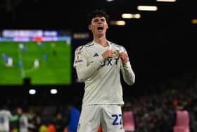 RELISHING THE CHALLENGE: Seventeen-year-old Leeds United star Archie Gray celebrates making it 2-1. Picture by Jonathan Gawthorpe.
