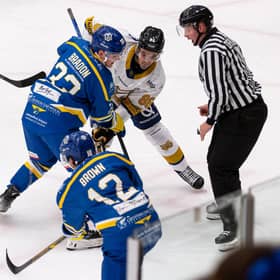 STARTING OUT: Finn Bradon wins a face-off against Tilburg. Picture: Charlotte/Knights Media