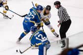 STARTING OUT: Finn Bradon wins a face-off against Tilburg. Picture: Charlotte/Knights Media