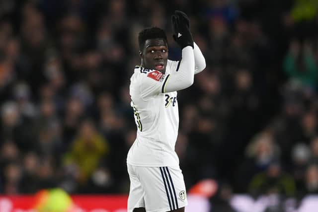 LEEDS, ENGLAND - JANUARY 18: Wilfried Gnonto of Leeds United acknowledges the fans as they leave the field during the Emirates FA Cup Third Round Replay match between Leeds United and Cardiff City at Elland Road on January 18, 2023 in Leeds, England. (Photo by Gareth Copley/Getty Images)