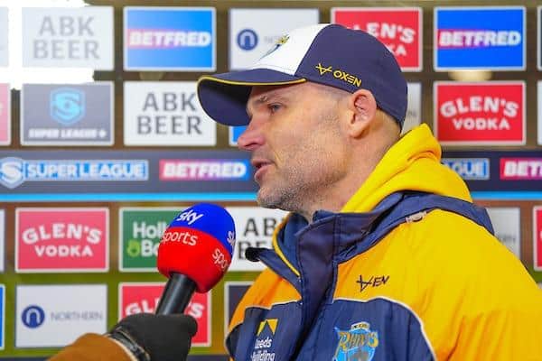 Leeds Rhinos' coach Rohan Smith is interviewed after the win at Leigh Leopards. Picture by Olly Hassell/SWpix.com.