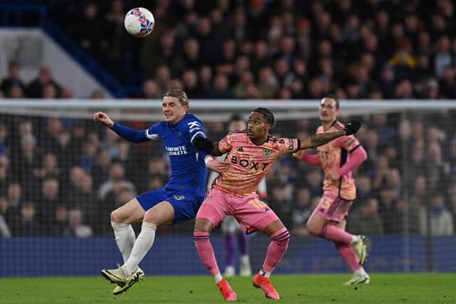 WHITES VERDICT: From Chelsea midfielder Conor Gallagher, left, pictured battling it out with Leeds United's Crysencio Summerville in Wednesday night's FA Cup fifth round clash at Stamford Bridge. Photo by GLYN KIRK/AFP via Getty Images.