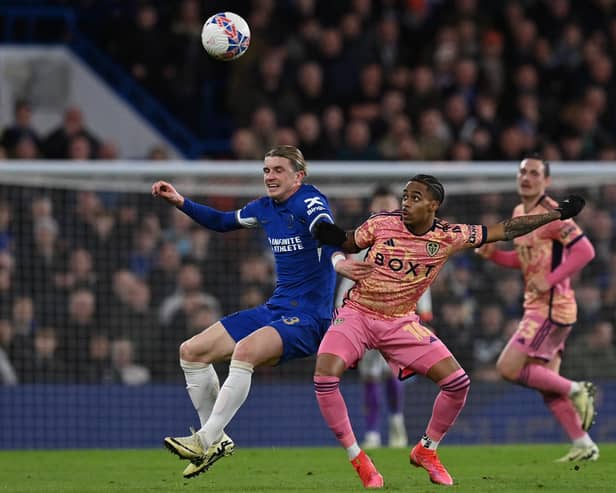 WHITES VERDICT: From Chelsea midfielder Conor Gallagher, left, pictured battling it out with Leeds United's Crysencio Summerville in Wednesday night's FA Cup fifth round clash at Stamford Bridge. Photo by GLYN KIRK/AFP via Getty Images.
