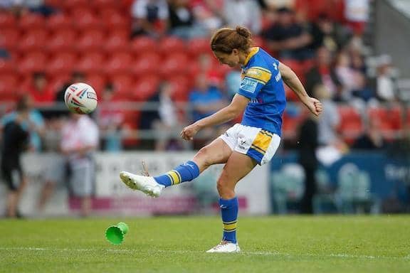 Courtney Winfield-Hill lands the winning conversion for Rhinos aganst St Helens in June. Picture by Ed Sykes/SWpix.com.