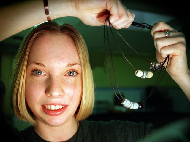 Pupil Kathryn Uren is pictured with some of the jewellery made by Klass Dezign Year 12 students at Ralph Thoresby High School in January 1996.