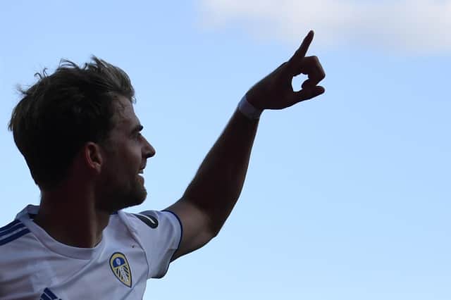 Patrick Bamford celebrates after scoring Leeds United's third goal during the English Premier League football match against Fulham at Elland Road on September 19, 2020.
