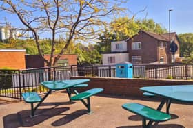 The new picnic benches at The Gaunt shopping precint in Gleadless Valley, looking towards Blackstock Road