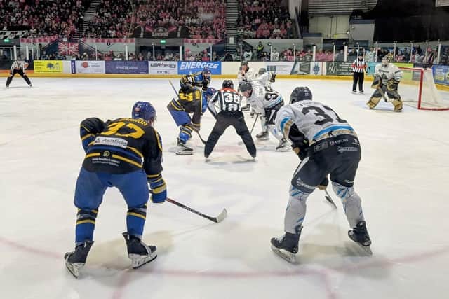 FACETIME: Finley Bradon faces off during Saturday's NIHL National play-off semi-final in Coventry. Picture: K Harrison.