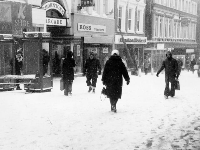 Pedestrians struggle through a blizzard in Leeds city centre in February 1979.