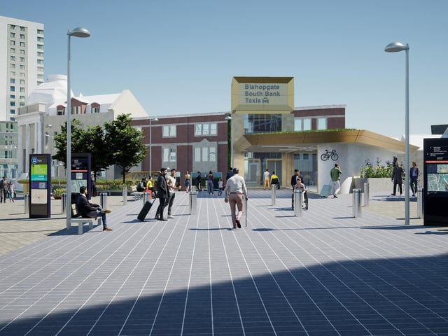 How the area outside the main entrance in New Station Street will look when passengers exit Leeds City Station in future.