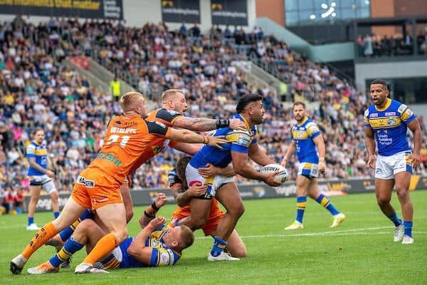 Rhyse Martin looks to offload during Rhinos' win over Tigers.  Picture by Bruce Rollinson/SWpix.com.