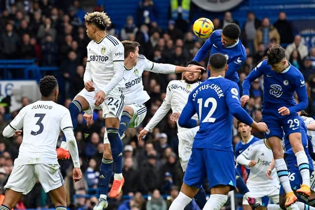 MAIN REGRET: As Leeds United fail to deal with a Ben Chilwell corner headed home by a towering Wesley Fofana, above, after a flying leap.
Photo by JUSTIN TALLIS/AFP via Getty Images.