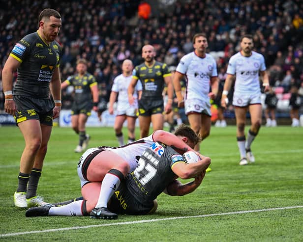 Debutant George Brown scores Leeds Rhinos' first try of the 2026 season in the Challenge Cup third round tie at Widnes Vikings. Picture by Olly Hassell/SWpix.com.