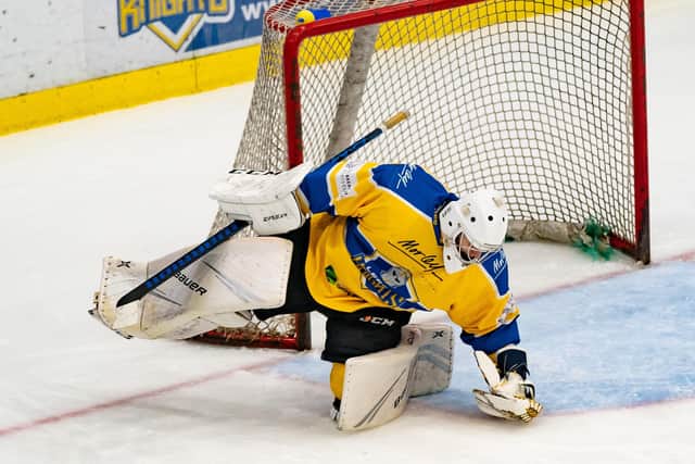 YOU'RE IN: Back-up netminder Harrison Walker showed he was up to the task when handed his first competitive start of the season for Leeds Knights on Sunday night against NIHL National rivals Hull Seahawks, the home side winning 4-1. Picture courtesy of Oliver Portamento
