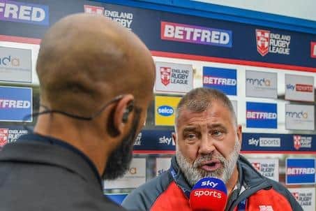England coach Shaun Wane is interviewed by Leeds Rhinos legend Jamie Jones-Buchanan, who was working for Sky TV. Picture by Olly Hassell/SWpix.com.