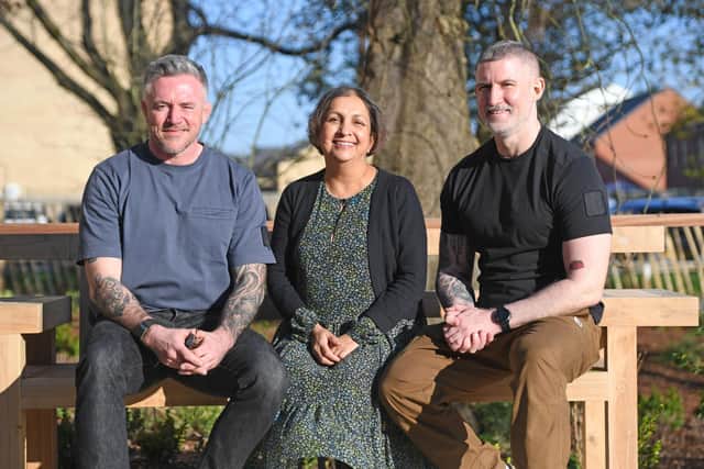 Mike Bates and Gareth Timmins with Dr Agam Jung, Consultant Neurologist and Care Centre Director, at the Rob Burrow Centre for Motor Neurone Disease in Leeds. Picture: Gerard Binks.