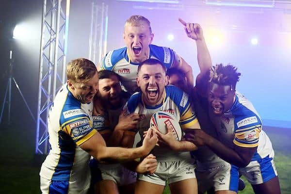Harry Newman, back, with Leeds Rhinos teammates Lachlan Miller, Andy Ackers, Cameron Smith, Brodie Croft and Justin Sangare in a promotional picture for the new Betfred Super League season. Picture by Simon Wilkinson/SWpix.com.