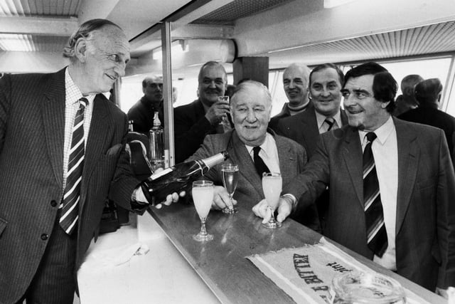 Memories of a happier time. Sir Leonard Hutton (left) pours the champagne for, from left,  Norman Yardley, Ray Illingworth and Fred Trueman who have all fallen from office during a controversial winter. The occasion was the opening of the members bar named after him at Headingley in May 1983.