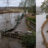 Left, the beer garden at the Kirkstall Bridge Inn, in Bridge Road, Leeds, flooded in February 2022 - and, right, when the seating area flooded during Storm Babet last week. Photo: Jonathan Gawthorpe/Kirkstall Brewery.