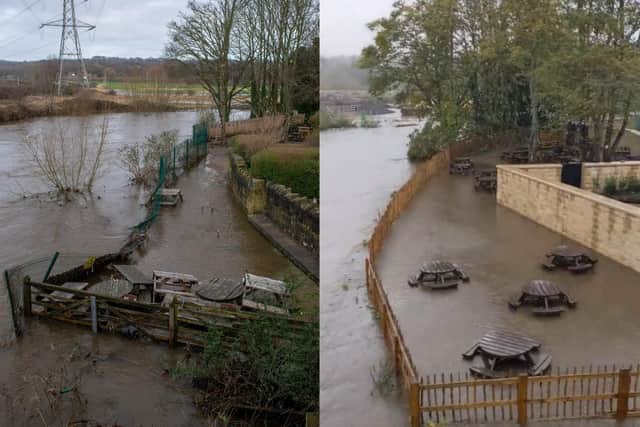 Left, the beer garden at the Kirkstall Bridge Inn, in Bridge Road, Leeds, flooded in February 2022 - and, right, when the seating area flooded during Storm Babet last week. Photo: Jonathan Gawthorpe/Kirkstall Brewery.