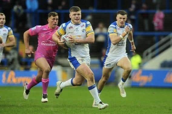 Rookie prop Tom Nicholson-Watton makes a break during Leeds Rhinos' pre-season defeat of Hull KR. Coach Rohan Smith says the 21-year-old has made impressive progress over the past 12-18 months. Picture by Steve Riding.