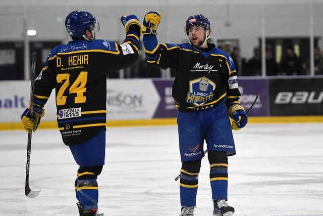 I THANK YOU: Leeds Knights' Kieran Brown had double cause to celebrate on Friday night at Ice Sheffield, scoring twice in his team's 7-3 win over Sheffield Steeldogs. Picture: Jonathan Gawthorpe