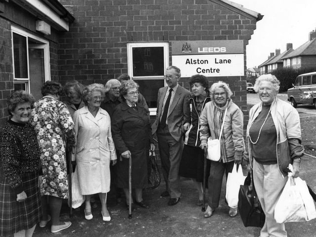 The opening of the new extension to Alston Lane Centre with Councillor George Mudie and local residents in October 1989. Alston Lane Centre is situated in Hawkshead Crescent and the extension was formed by the conversion of an adjacent semi-detached house. The houses were linked by a newly built community hall. The old part of the centre was also refurbished including the kitchen facilities. The extension housed a fully-equipped creche, a classroom and four offices.