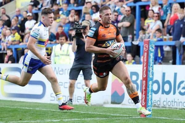 Greg Eden, seen scoring at Warrington last week, admits Friday's game v Hull is "massive" for Tigers. Picture by John Clifton/SWpix.com.