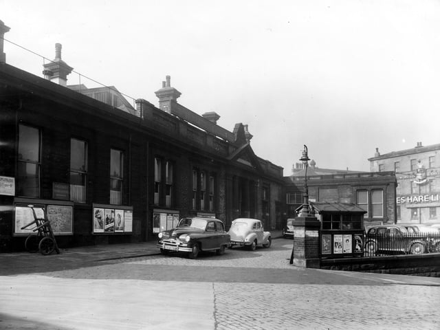Leeds Central Station on Wellington Street in March 1954. This station was opened on September 18, 1848 for trains on the Leeds - Thirsk Railway, and closed on May 1, 1967. It was later demolished and became the site of the Royal Mail Headquarters. The warehouse of James Hare Ltd, woollen merchants and manufacturers, of 72 Wellington Street, can be seen on the far right.