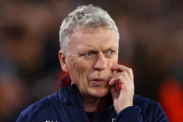 LONDON, ENGLAND - MARCH 16: David Moyes, Manager of West Ham United, looks on prior to the UEFA Europa Conference League round of 16 leg two match between West Ham United and AEK Larnaca at London Stadium on March 16, 2023 in London, England. (Photo by Clive Rose/Getty Images)