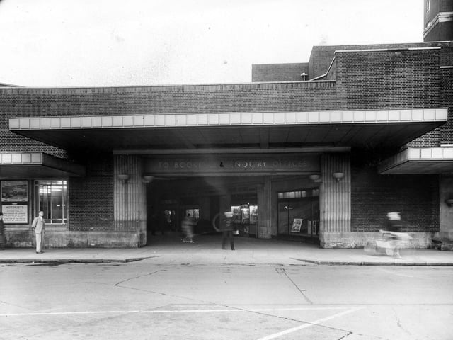 A view of the entrance to the booking and enquiry offices at the side of Leeds City Station in August 1957. New Station Street can be seen in front. City Station opened in August 1938 following the amalgamation of Wellington Station (opened June 30, 1846) and New Station (opened April 1, 1869).