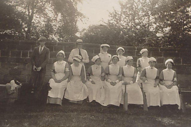 A team of nurses from Gledhow Hall Military Hospital who played a game of cricket against a team of soldiers from the hospital in August 1915. The nurses are wearing the full nurses uniforms which they wore for playing the game.