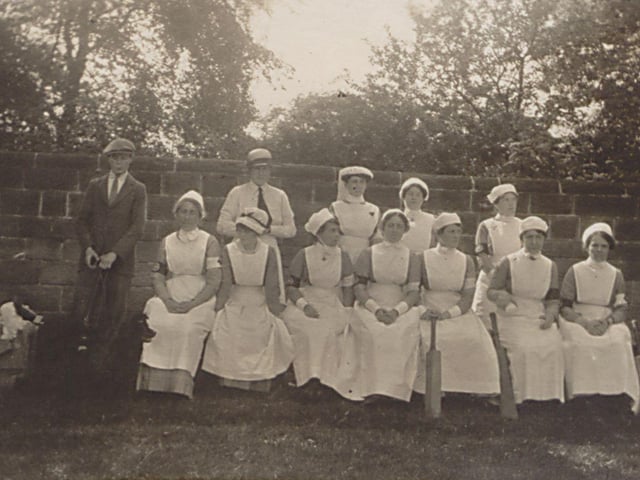 A team of nurses from Gledhow Hall Military Hospital who played a game of cricket against a team of soldiers from the hospital in August 1915. The nurses are wearing the full nurses uniforms which they wore for playing the game.