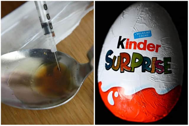 Wraps of heroin and crack cocaine were found in a Kinder Egg container.