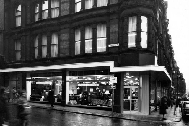 Lands Lane (foreground) and Albion Place (right) showing Powell Richards furniture shop in November 1968.
