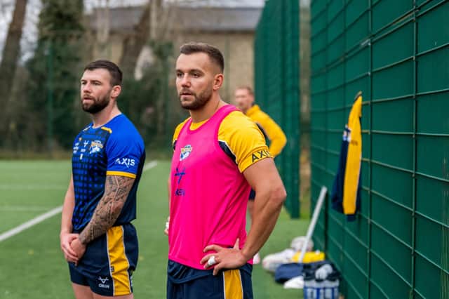 Andy Ackers, left and Mickael Goudemand are both set to make their first competitive appearance for Leeds Rhinos in Friday's Super League round one clash with Salford Red Devils. Picture by James Hardisty.