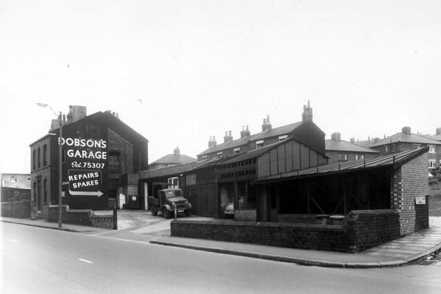 Dobson's Garage on Elland Road in September 1960. The junction with Little Town Lane is on the right.